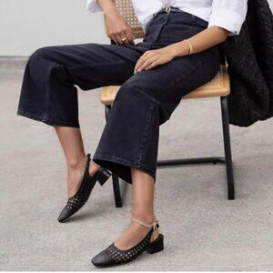 Pazzion Black Closed Toe Braided Slingback Strap Buckle Low Block Heels Pumps